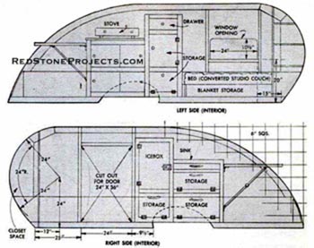 Left and Right plan view wall patterns for the Wild Goose Kamp Master trailer detailing the wall framing, and interior and exterior outfitting positons with dimensions and front and rear radius.